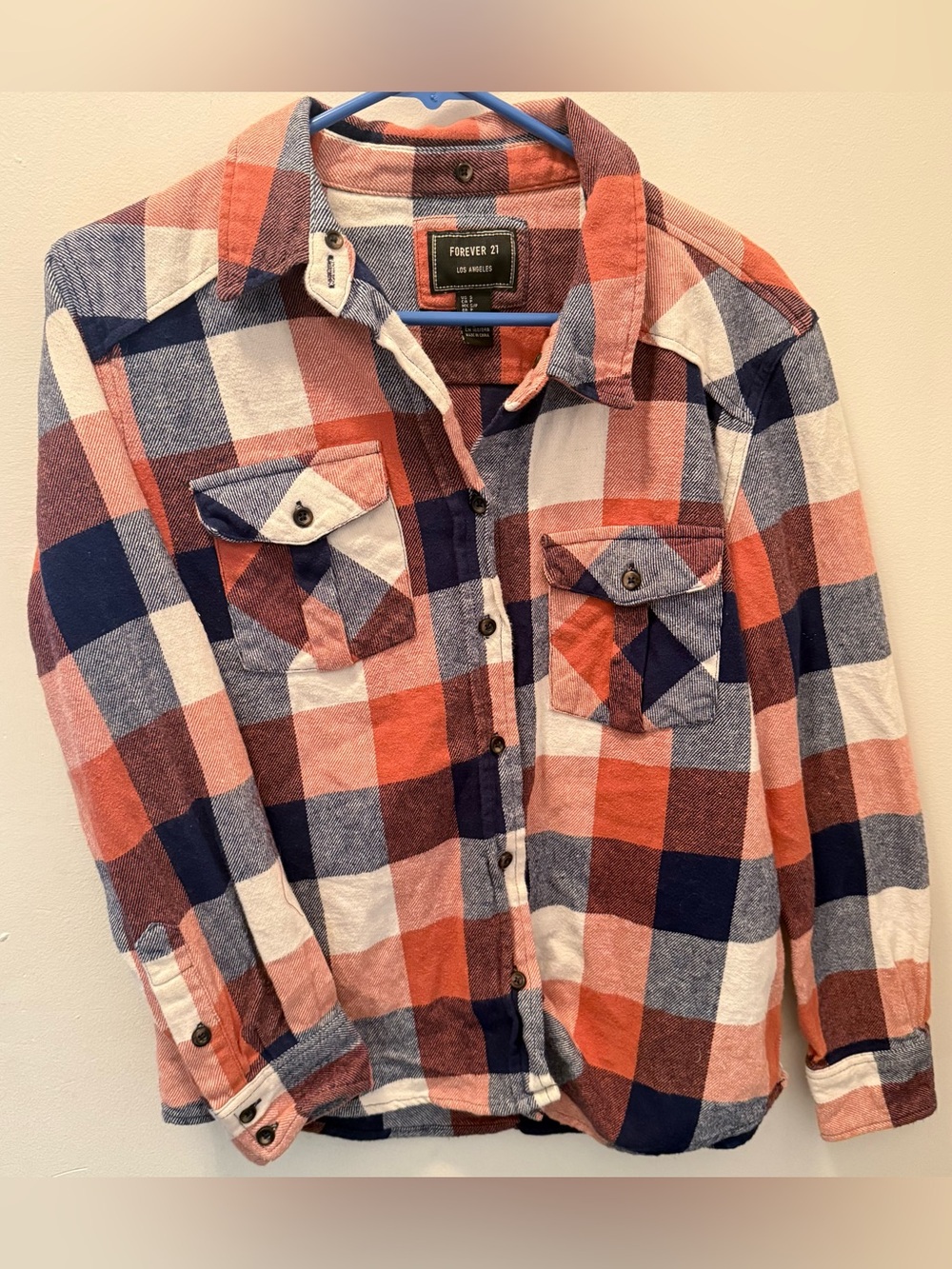 Forever 21 Men’s Small Orange & Blue Plaid Button-Up Flannel Shirt